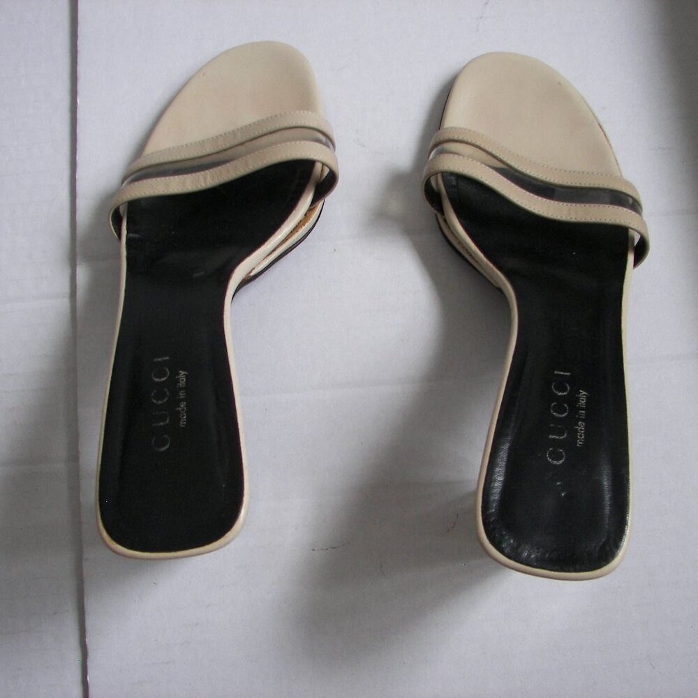 Gucci cream color peep toe leather mule heel US8.5B/EU39 lucite 3" heel - Picture 7 of 10